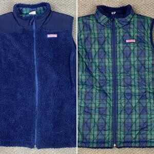 Vineyard Vines Reversible Fleece Plaid Vest Women's XL Blue Green Scotch Check